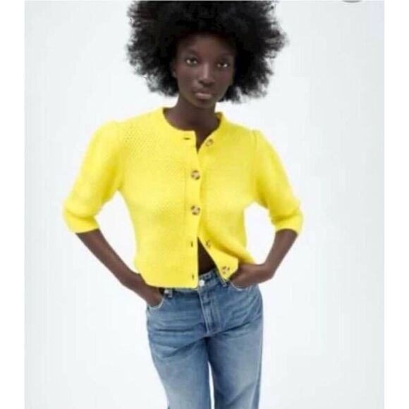 Zara Open Knit Puff Sleeve 6% Wool  Cabincore Cottagecore Yellow Cardigan Sz. S - Picture 1 of 8